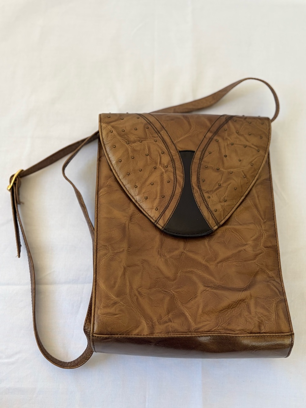 Vintage Margaret J Jerrold Brown Tan Leather Crossbody Purse Bag Spain Art Deco